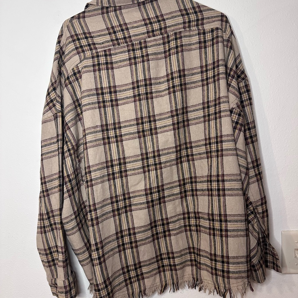 Plaid Button Down Shirt with Fringed Hem - Picture 3 of 3